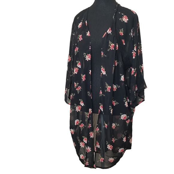 Express Women's Black Floral Sheer Kimono Cardigan Open Front 3/4 Sleeve Size L - Picture 1 of 9